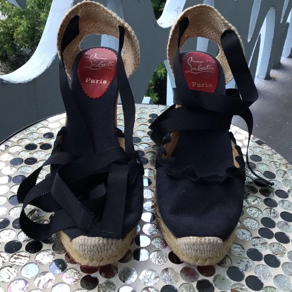 Christian Louboutin Black and Navy Espadrille Wedge Ankle Wrap Ribbon Sandals